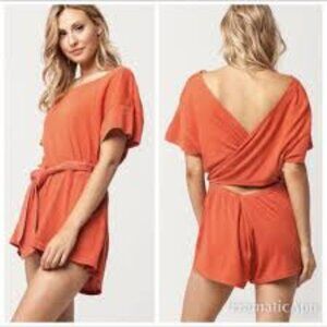 Free People Easy Street Orange Wrapped Waist Romper Jumpsuit M Plunge
